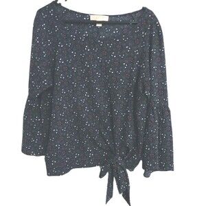 Michael Kors Women’s Side Tie Blouse Sz L Navy With White & Red Hearts